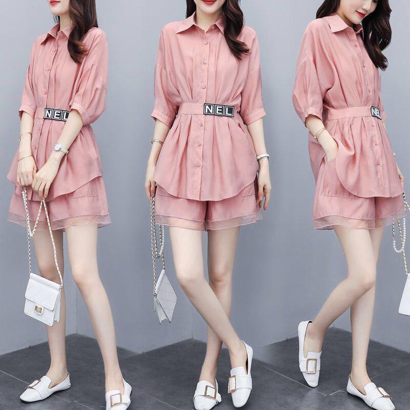 WTEMPO Solid Color Suit Women Shirt Elastic Waist Shorts Short Sleeves S-XXXL Casual Two-piece Suit