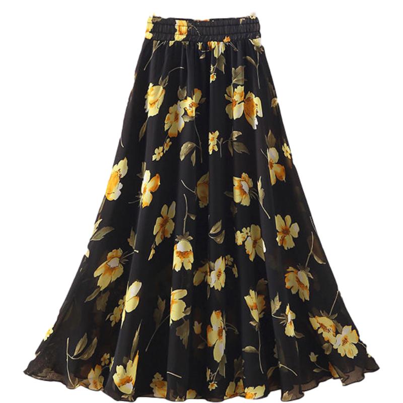 Women's High Waist Mid-length A-line Draping Ruffled Skirt Chiffon Fairy Dress Pleated Floral Skirt Summer