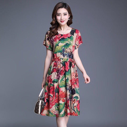 Women's Floral Floral Dress Slim and Thin Mid-length Round Neck Short Sleeve Waist Fabric Lightweight and Breathable A-line Dress