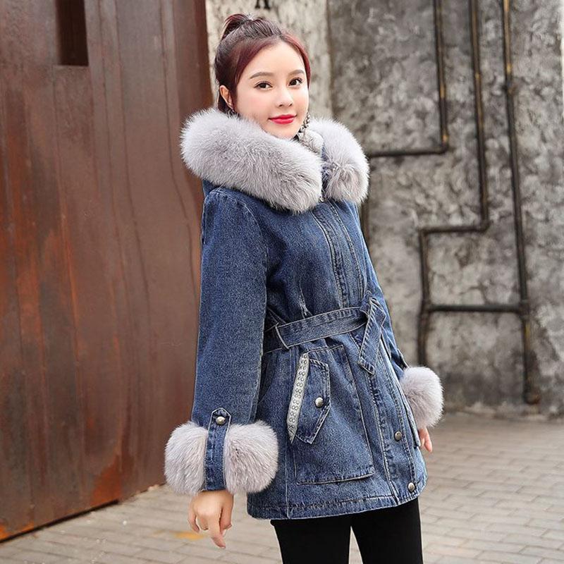 Ladies Winter Jacket Cashmere Thick Denim Hooded Coat with Big Fur Collar Parka