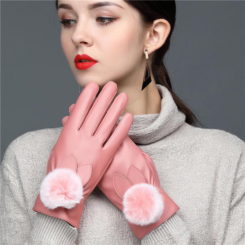 Leather gloves Thick gloves Woman fashion gloves Plush Cotton gloves Windproof gloves Winter Warm