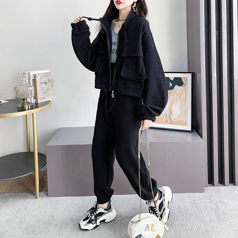 2PCS Women's Autumn Leisure Sports Sweater Suit Two-Piece Zipper Cardigan + Sweatpants Ladies Loose Fitness Clothing