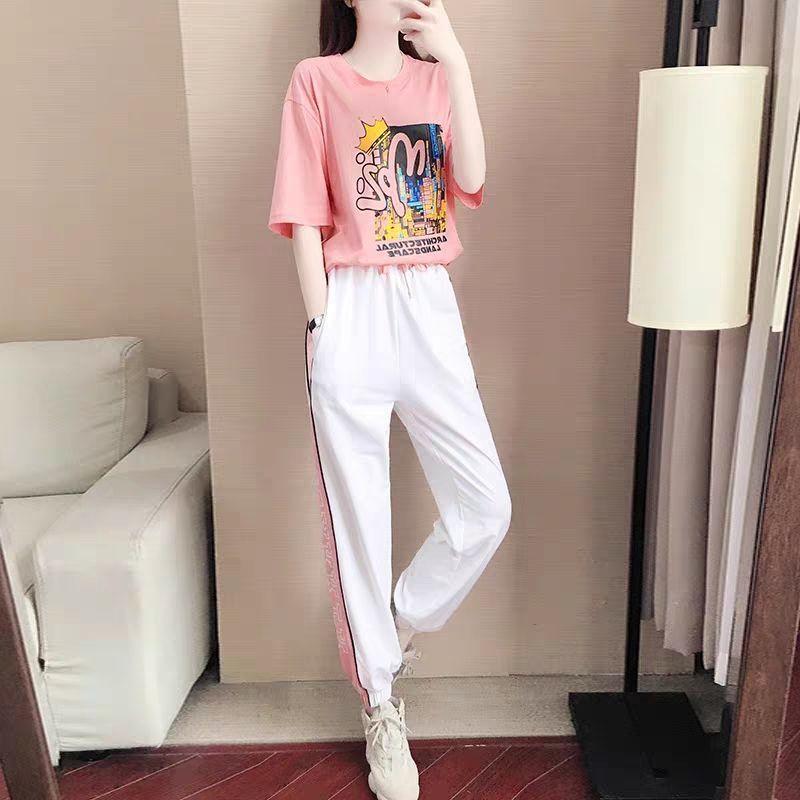 Summer One-piece/suit Sportswear Female Loose Temperament Casual Wear Short-sleeved Top Loose Wide-leg Pants Cute Pink Hip-hop Pictures