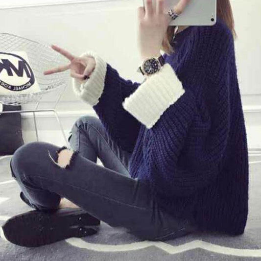 Autumn and Winter Short Casual Sweater Pullover Loose Casual Top Round Neck Long Sleeve Women's Sweater