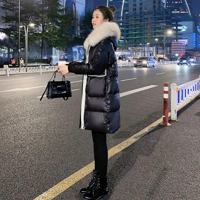 Down Jacket Women Mid-length Imitation White Duck Down Large Fur Collar Small Fragrant Black Thick Coat In Winter