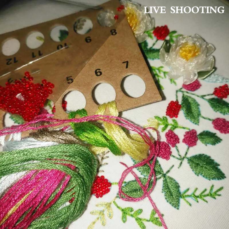 Floral Hand Cross Stitch Embroidery Cloth Starter Kits Needlepoint Color Threads Bamboo Hoop DIY