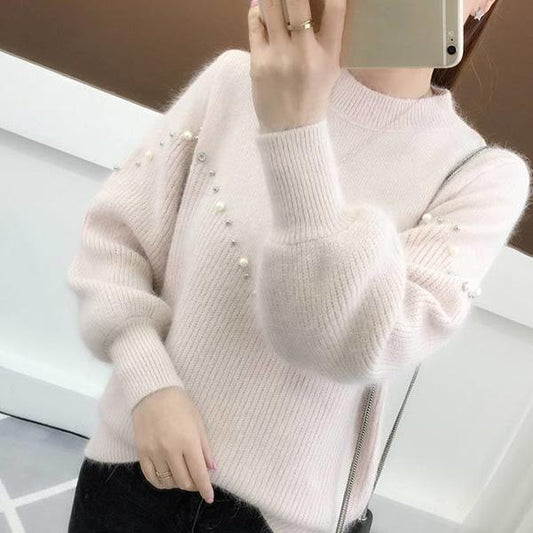 Half Turtleneck Beaded Sweater Autumn and Winter Thick Solid Color Bottoming Shirt Korean Loose Long-sleeved Sweater