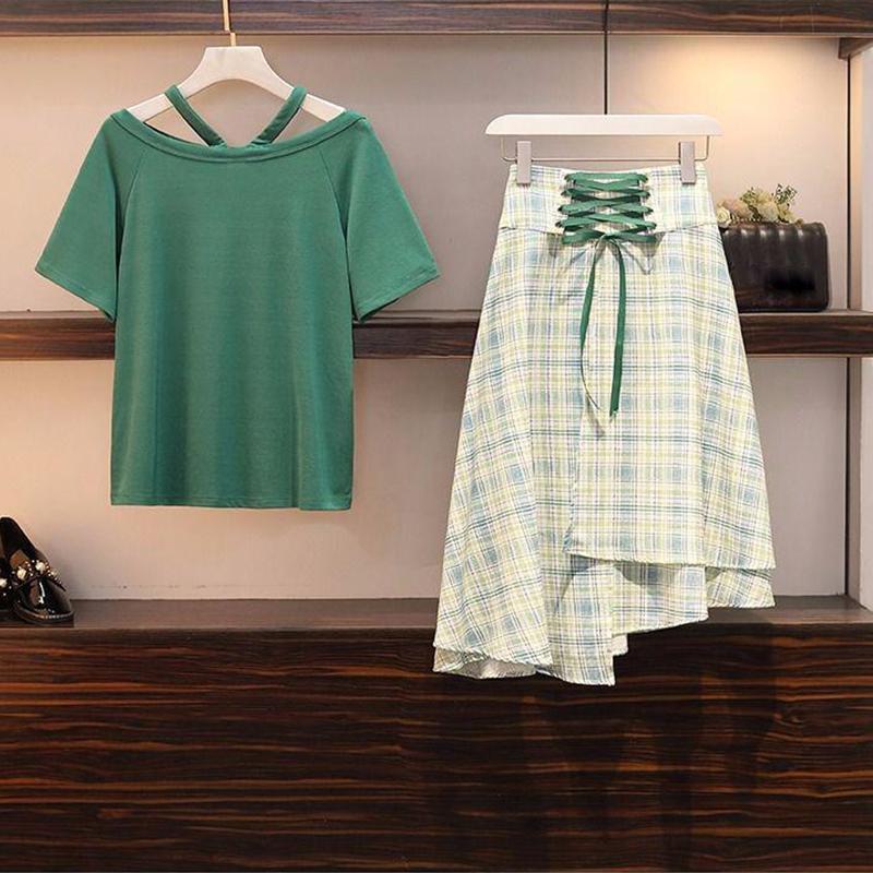 Fashion Women Plus Size Skirt Set Summer Halter T-shirt Irregular Plaid Skirt Two-piece Suit