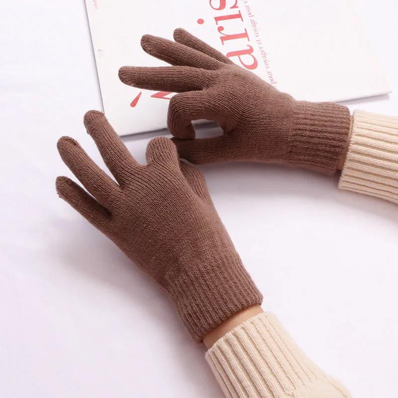 Women's Autumn Winter Five-finger Woolen Knitted Gloves Full-finger Pure Color Mittens Outdoor Riding Driving Warm Gloves Crochet Gloves