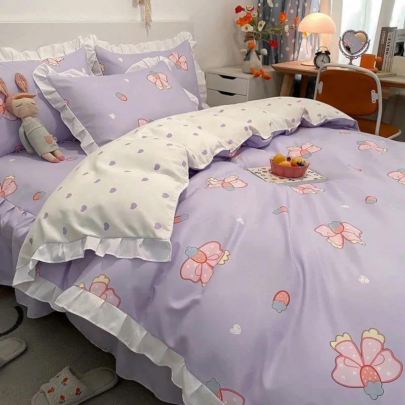 Four-piece Korean Princess Style Cotton Brushed Bed Sheet Quilt Cover Sheet Couple Double Bedroom Bedding