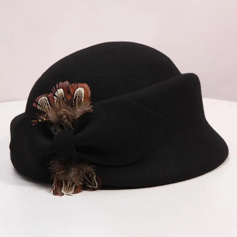 Women's Winter Elegant Hat Retro Vintage Feather Bow Woolen Beret Top Hat Simple Style All-match Round Bucket Beret Hat Fedoras