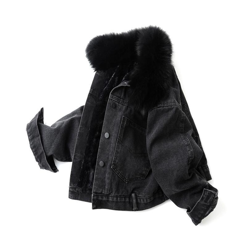 Denim Cotton Jacket Women Short Winter Korean Rabbit Fur Collar Plus Velvet Thick Loose Cotton Student Jacket