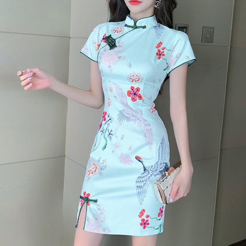 Summer Chinese Style Retro Printed Slim Temperament Was Thinner and Improved Cheongsam Dress