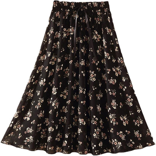 Chiffon Elastic Waist Pleated Floral Skirt Summer Women's High Waist Mid-length A-line Draping  Fairy Dress