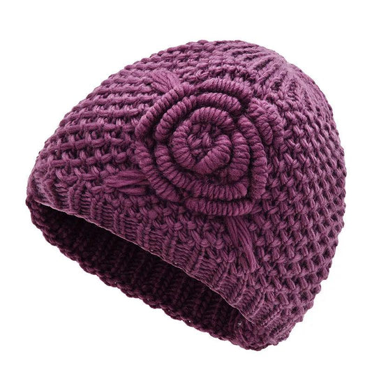 Women's Winter Vintage Floral Knitted Wool Plus Velvet Warm Hats Grandma Mothers Mother-in-law Hats Handmade Flower Knitted Padded Hat