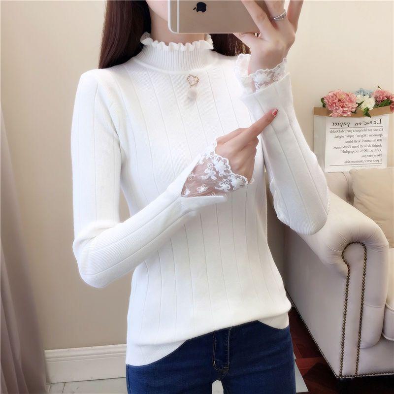 Autumn and Winter Half-high-necked Sweater Lace Inside Slim Long-sleeved Bottoming Shirt