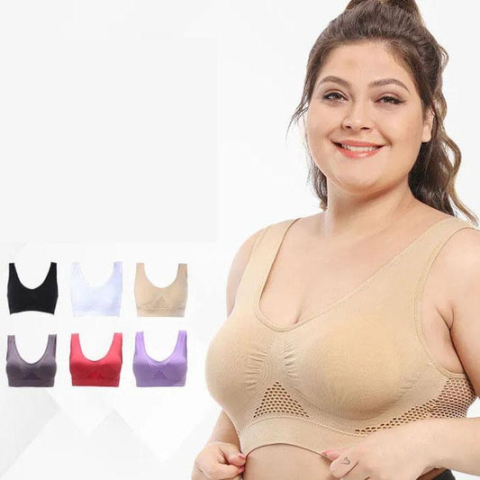 Women's Plus Size Seamless Bra with Pads Solid Color Breathable Bra Hollow Out Sports Yoga No Wire Gathering Vest Bra