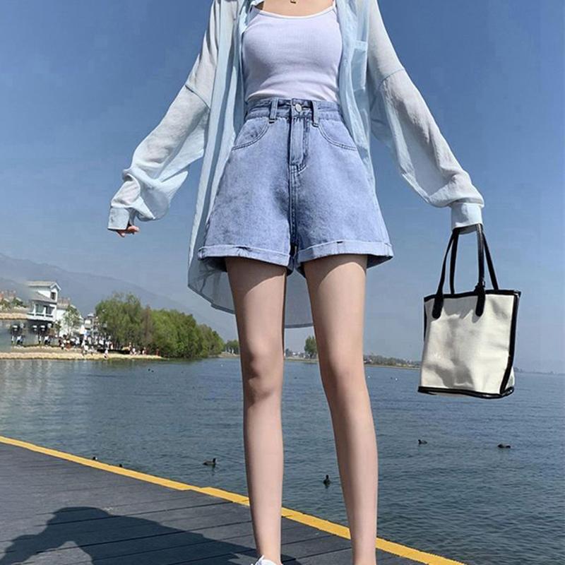 Summer Denim Shorts Women's Loose High Waist Was Thin, Wild Wide-leg Curled A-line Version Type Denim Ladies Shorts with Waist Was Thin