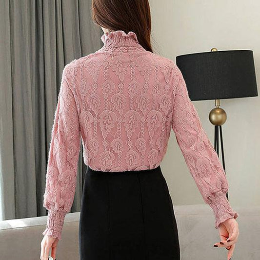 Women's Spring and Autumn Plush Lace Bottomed Shirt Female Long Sleeve Winter High Collar Thickened Solid Color Tops