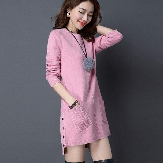 Autumn and Winter Long Round Neck Sweater Loose Pullover Solid Color Bottoming Shirt Solid Color Casual Women's Jacket