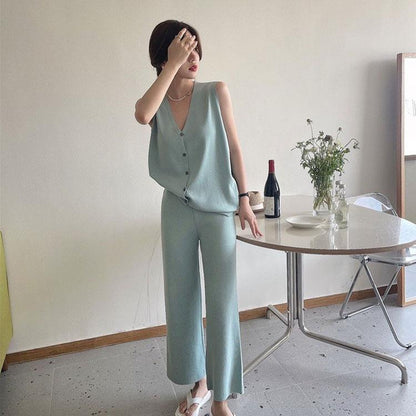 2PCS Spring and Summer Leisure Suit Two-piece Ice Silk Knitted Vest Cardigan + Wide-leg Pants Suit Loose Casual Lazy Style Sets