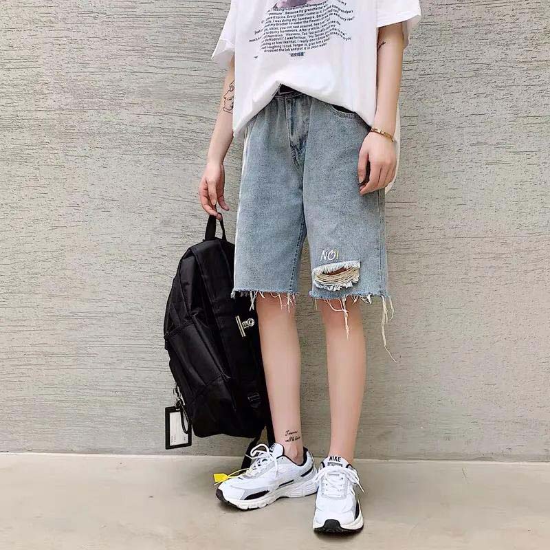 Ripped Denim Shorts Men's Summer Thin Section High Waist Loose Straight Wide-leg Five-point Pants