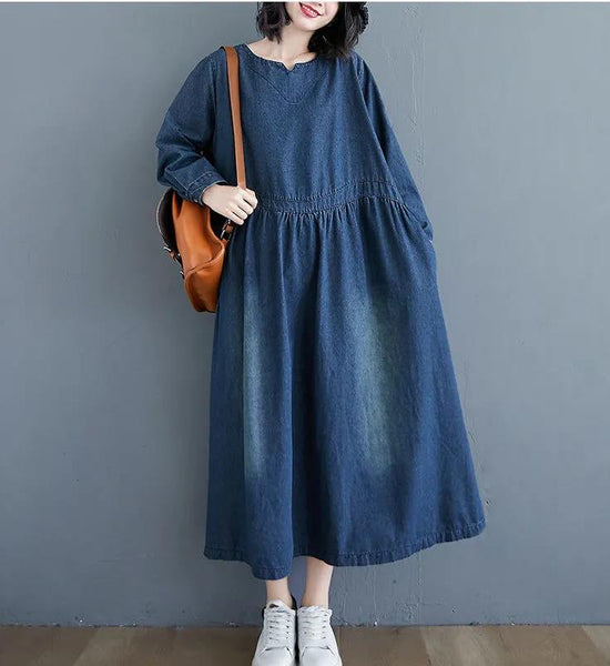 Denim Dress Women's Long-sleeved Spring and Autumn Loose Over-the-knee Dress