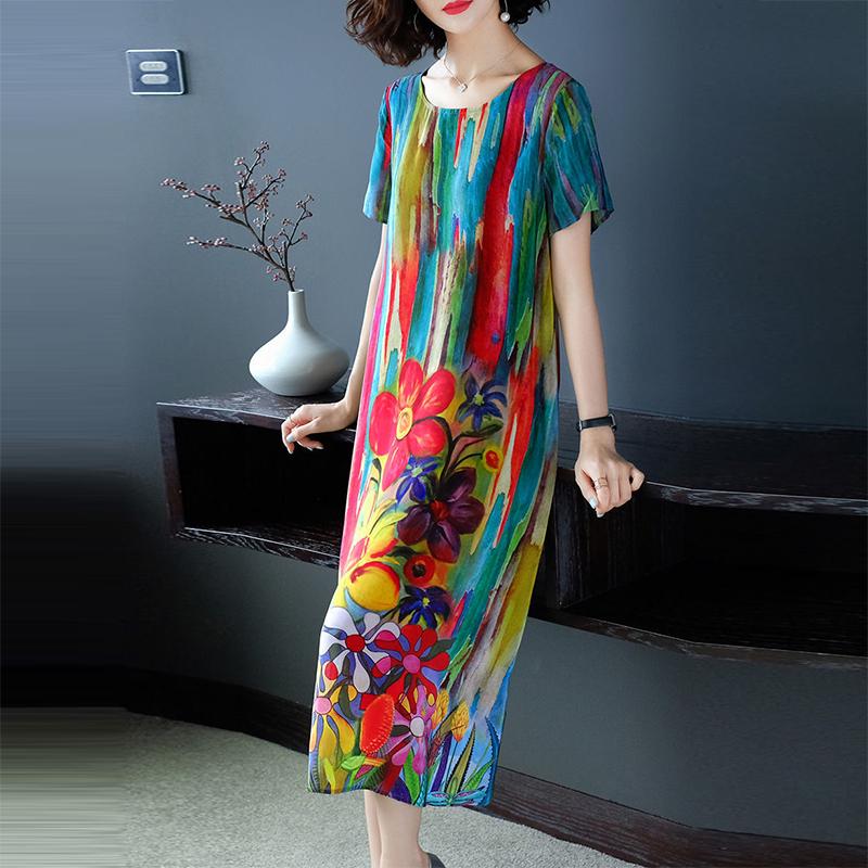 2021 Summer Plus Size Fashion Printing Casual Loose Ice Silk Dress Women Dress