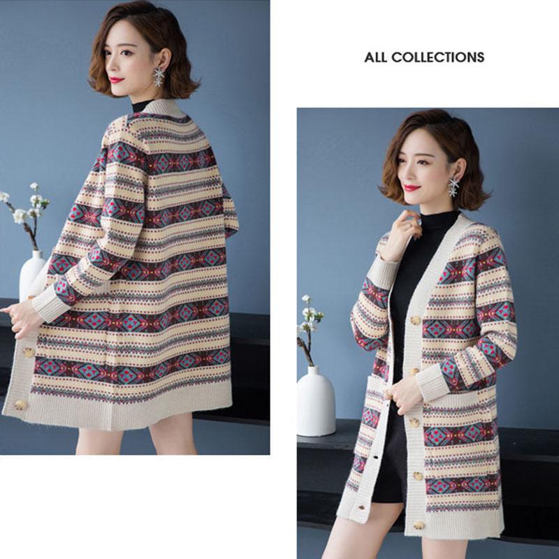 Autumn and Winter Long-sleeved Cardigan Sweater Loose-fitting Outer Wear Mid-length Jacket Jacquard Knitted Female Jacket