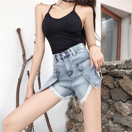 WTEMPO Summer Big Pocket Denim Shorts Women High Waist Fashion Irregular Rough Edge A-line Wide-leg Pants