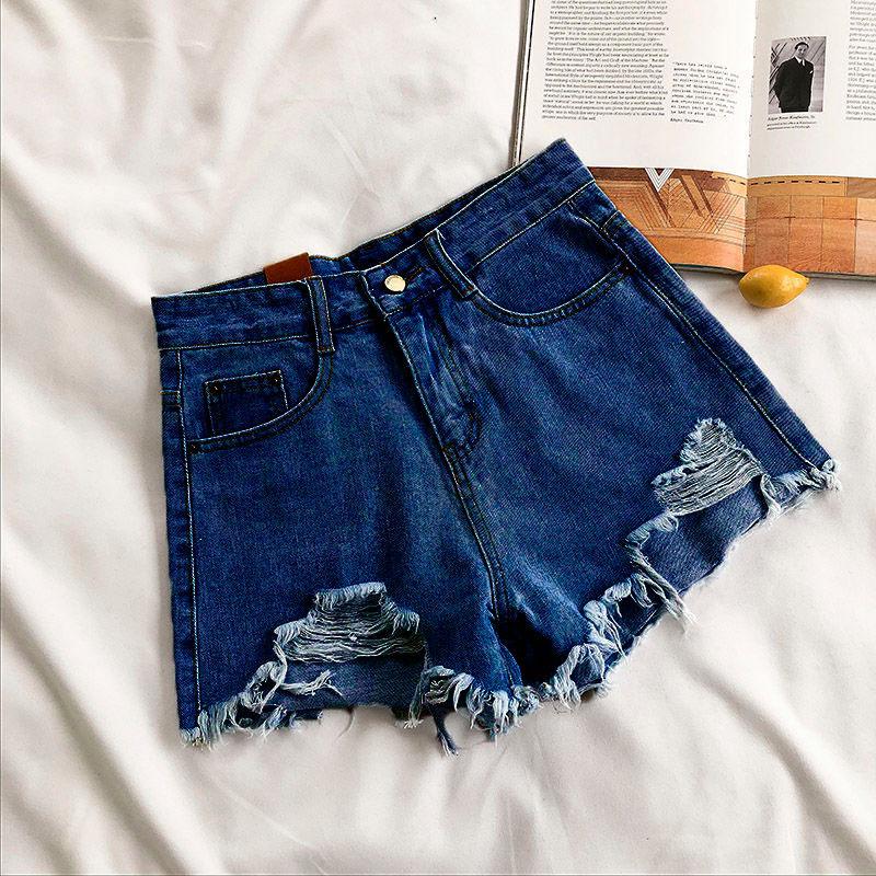 Light-colored Denim Shorts Women's High Waist Summer New Style Korean Loose Loose Holes and Raw Edges Are Thin