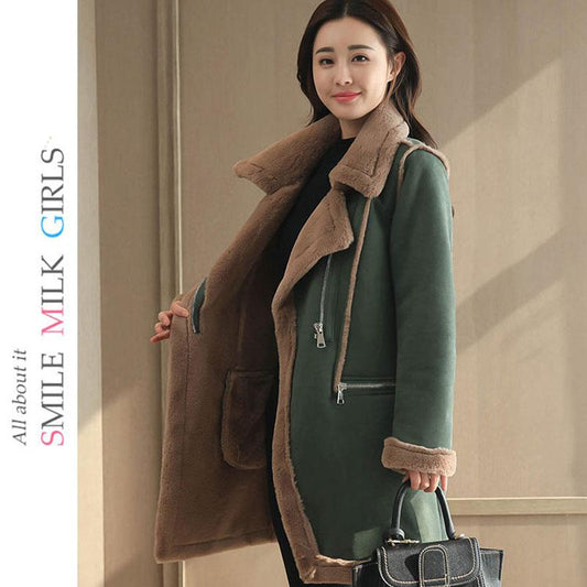 Winter Faux Sheepskin Coat Women Long Warm Suede Warm Thick Coats Faux Fur Lined Parka Plus Size Trench Coat