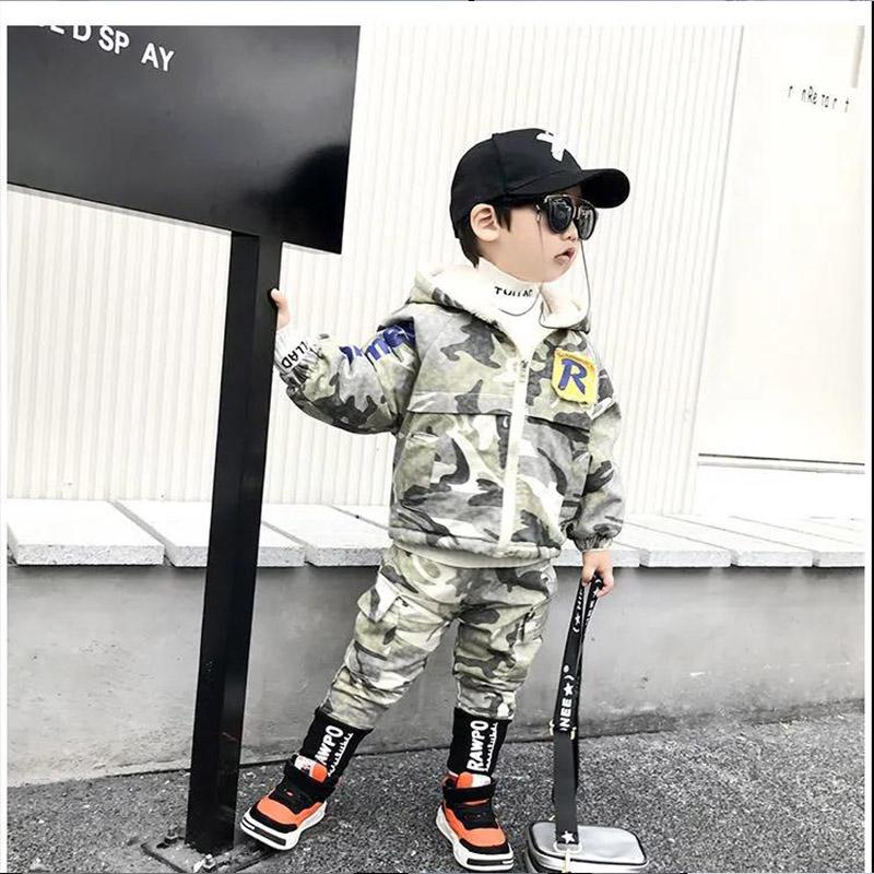 Boy's Suit Winter Camouflage Children's Two-piece Suit Western-style Baby Clothes Plus Velvet Thickening Children's Tide