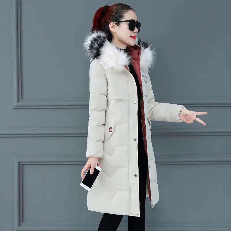 Down Padded Jacket Women's Mid-length Winter Clothes Korean Style Slim and Thin Big Fur Collar Thick Padded Jacket