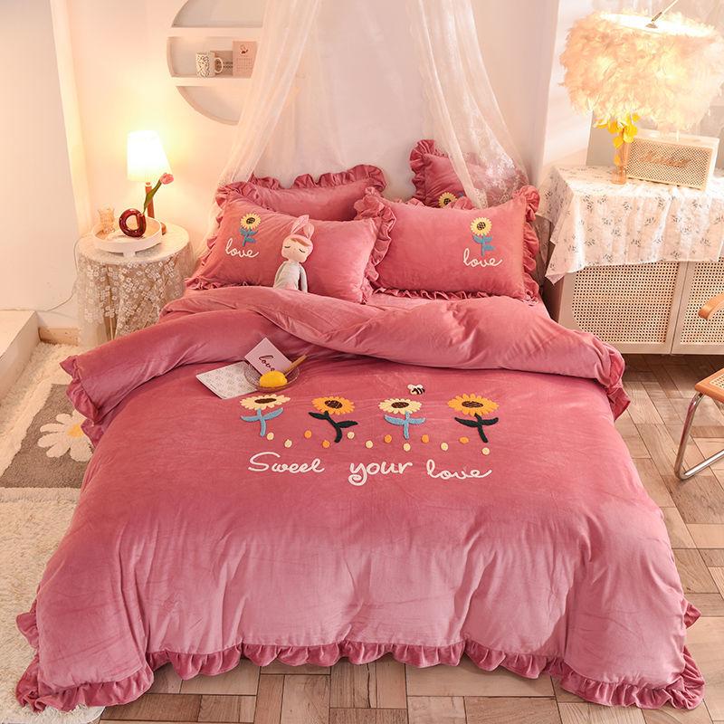 Winter Thick Warm Crystal Velvet Four-piece Princess Wind Brushed Double-sided Velvet Bedding