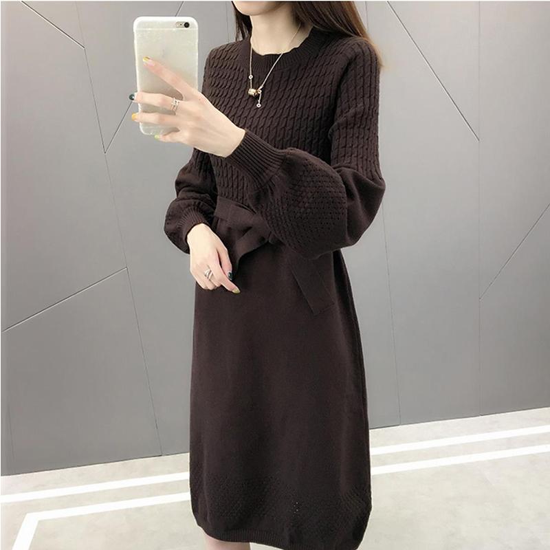 Knit Dress Women Autumn and Winter Loose Mid-length Over-the-knee Sweater Bottoming Tie Belt Slim-fit Sweater Dress Puff Sleeve Sweater