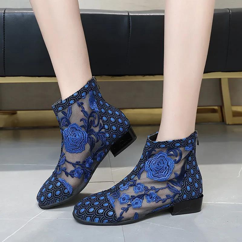 Ladies Square Toe Casual Office Boots Summer Boots Women Flower Mesh Zipper Round Toe Shoes