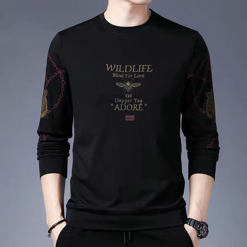 Autumn and Winter Long-sleeved T-shirt Men's Casual Round Neck Pullover All-match Printing Plus Velvet Thickening Base Sweater