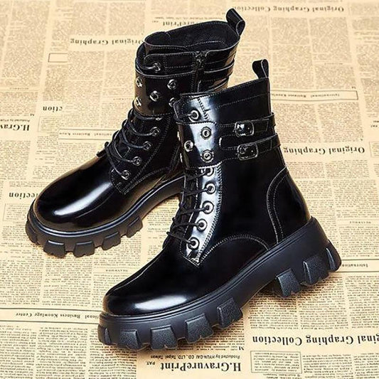 Women's Boots British Style Autumn and Winter Plush Platform Women's Boots All-match Thick-soled Patent Leather Handsome Short Boots