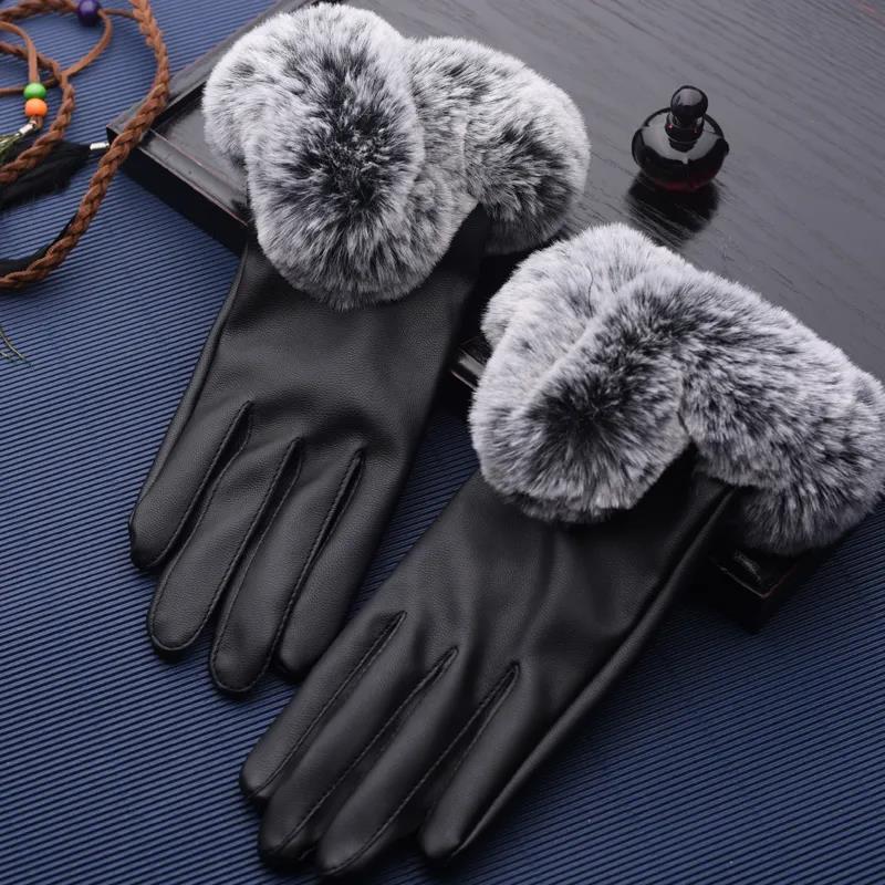 Winter Women's Leather Gloves for Cold and Warm Fashion Soft Burr Plus Velvet Thick Touch Screen Gloves