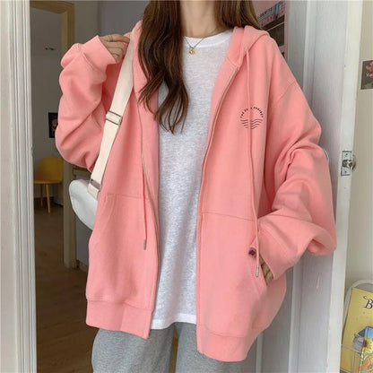 Autumn Hooded Cardigan Sweater Female Student Mid-length Top Coat Ins Korean Version Loose All-match Jacket Zipper Coat Long-sleeved Hooded Sweater