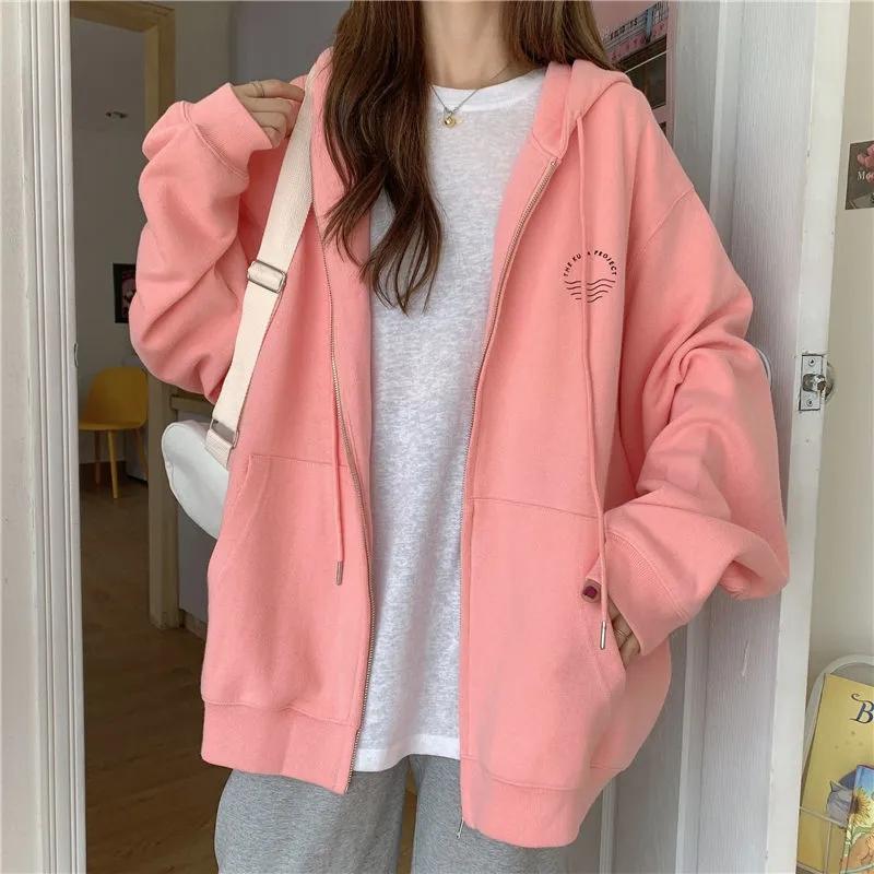 Hooded Cardigan Sweater Female Student Mid-length Top Coat Ins Spring/summer Korean Loose All-match Jacket Zipper Coat Long-sleeved Hooded Sweater