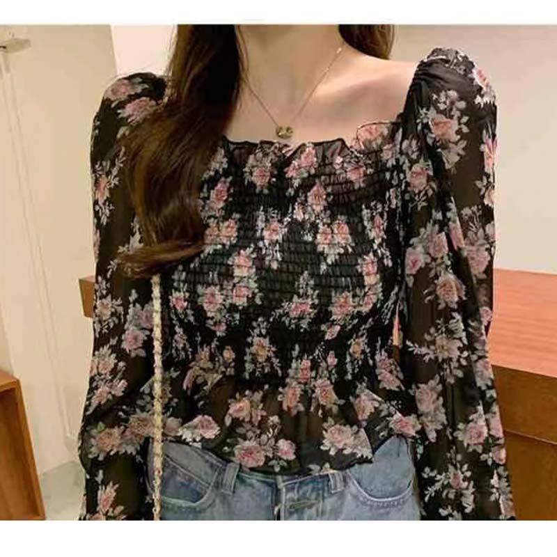 Floral Chiffon Shirt French Sweet Flower Print Bubble Lantern Sleeves Off the Shoulder Top Slim Blouses Sexy Pullover Womens Tops Summer Blouse