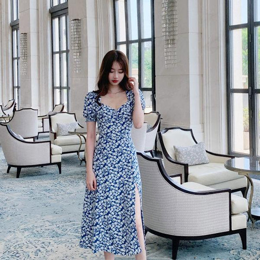 Woman Summer Short Sleeve Slim Long Party Dress Elegant Blue Floral Print Square Collar Side Split Holiday Dress