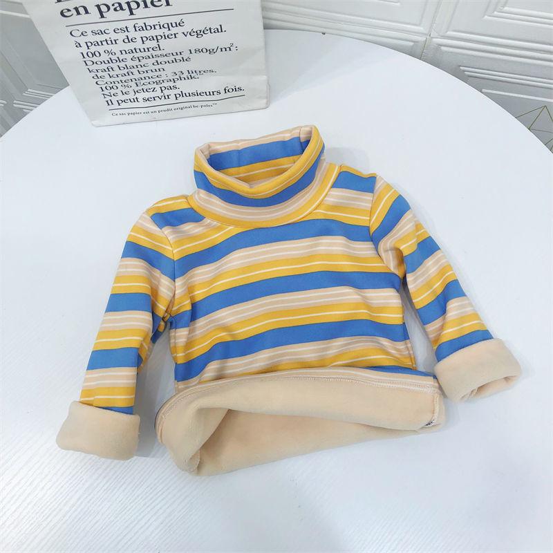 Children's Thermal Underwear Top Winter Turtleneck Bottoming Shirt Children's Clothing with Fleece Stripes