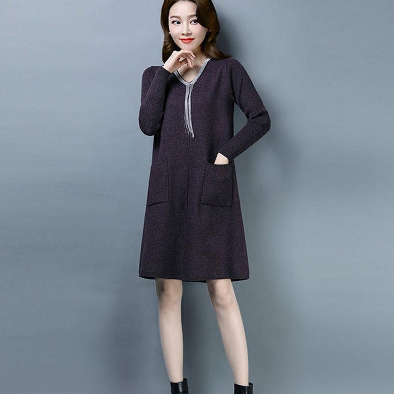 Autumn and Winter Knitted Simple Dress Mid-length Fashion Casual Bottoming Skirt Middle-aged Women Sweater Dress