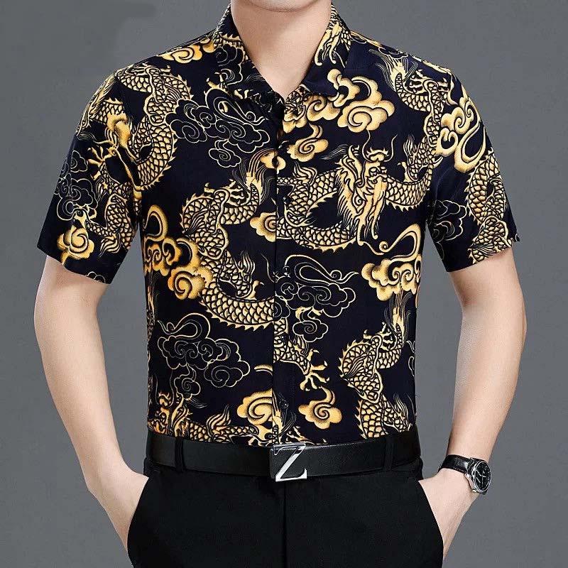 Middle-aged Flower Shirt Men's Summer Short-sleeved Loose Business Ice Silk Men's Thin Floral Half-sleeved Tide