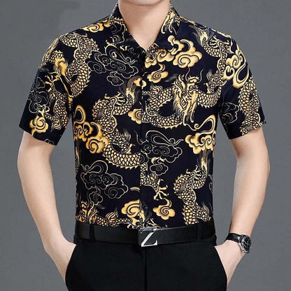 Middle-aged Flower Shirt Men's Summer Short-sleeved Loose Business Ice Silk Men's Thin Floral Half-sleeved Tide