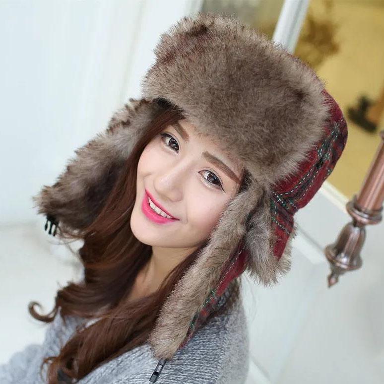 Winter Sweet Plaid Plus Velvet Hat Women's Ski Hat Cute Windproof Warm Ear Protection Hat