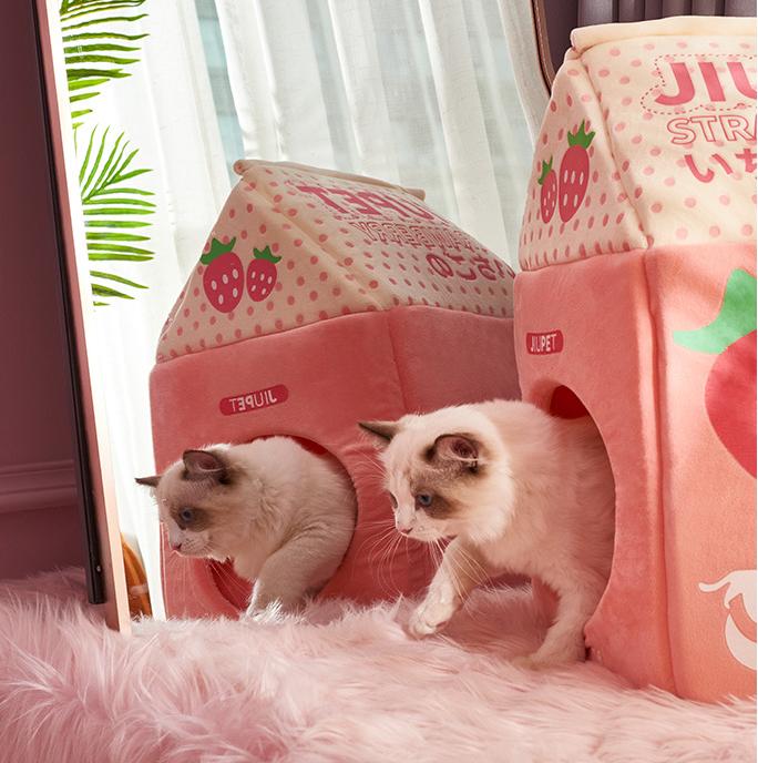 Foldable Cute Pet Cat Bed House Strawberry Banana Milk Box Cat House Winter Warm Plush Soft Cave Cat Kitten Kennel Pet Supplies